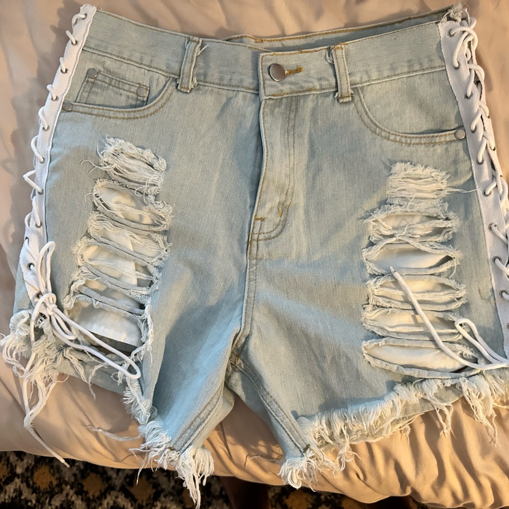 36.5 Brand Distressed Light Blue Lace Up Denim Shorts Size XL